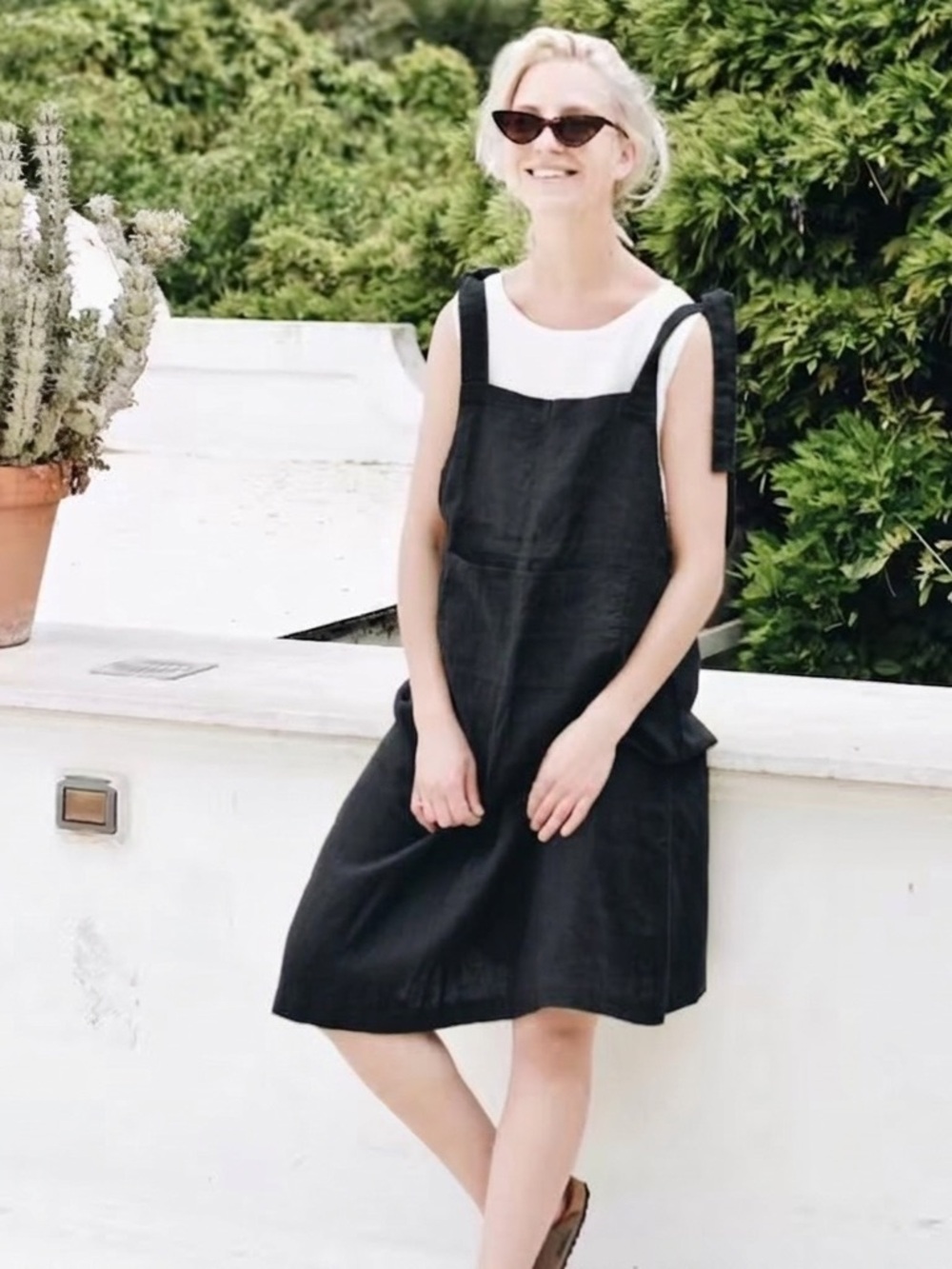 Linenfox Black 100% Linen Pinafore Dress XS Square Neck Pockets Cottagecore